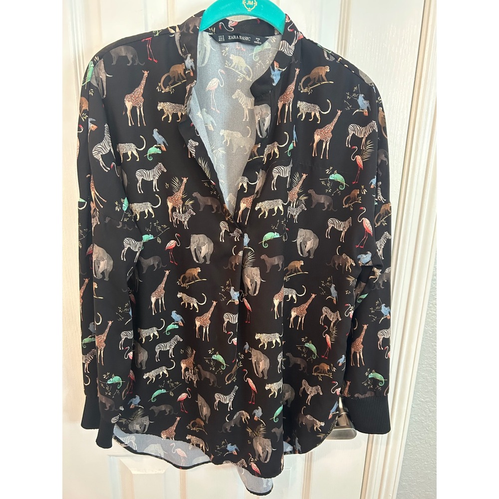 Zara Basic Blouse Black Safari Animal Print Ribbed Cuff V-Neck‎ Long Sleeve Top